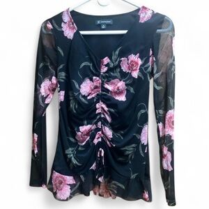 INC V-Neck Sheer Sleeve Top XS Ruched Long Sleeve Black Pink Floral EUC